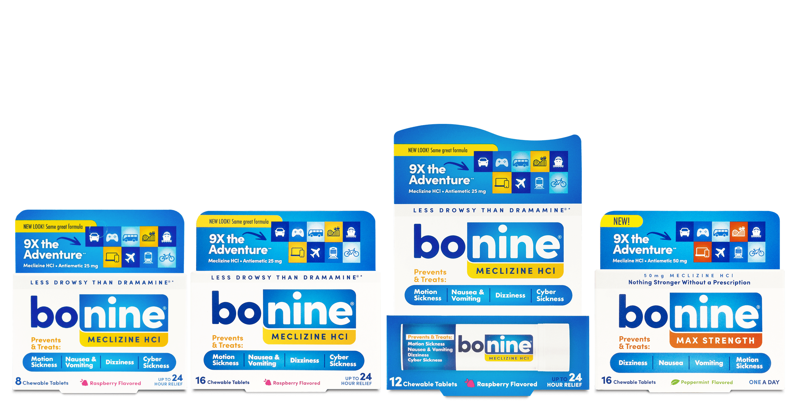 Bonine product line. 8 chewable tablets, 16 chewable tablets, 12 chewable tablets, 16 chewable max strength tablets