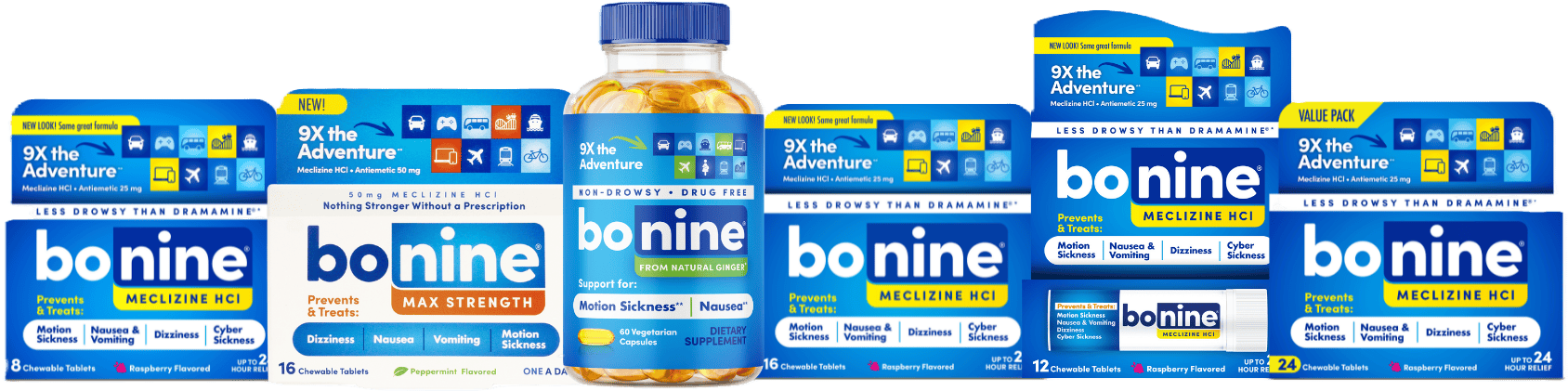 A variety of Bonine motion sickness relief products displayed in a line. This includes chewable tablets in regular and max strength and a non-drowsy, drug-free dietary supplement made from natural ginger.